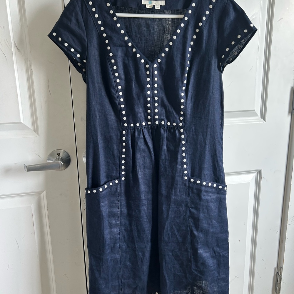 Linen Navy Blue Dress with White Accents Boden